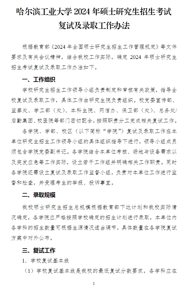哈爾濱工業(yè)大學(xué)2024年考研復(fù)試錄取辦法